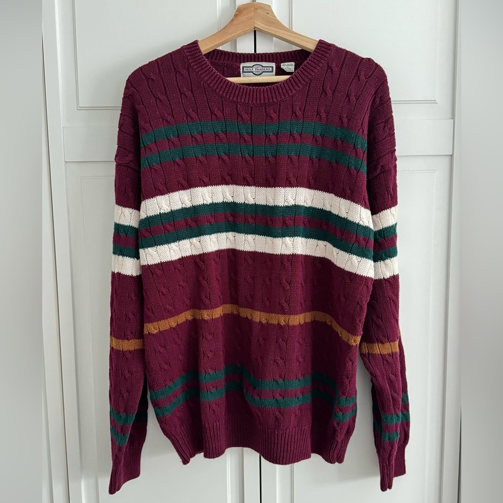 Men’s Gulf Traders cotton cable knit pullover size L, burgundy, green and white